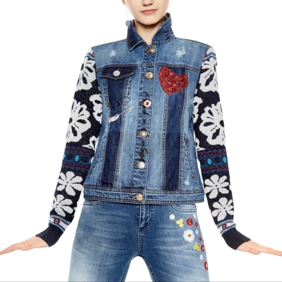 Desigual Jackets & Blazers - Desigual Gaelle Exotic Blue Denim Jacket with Floral Sleeves and Red Heart M